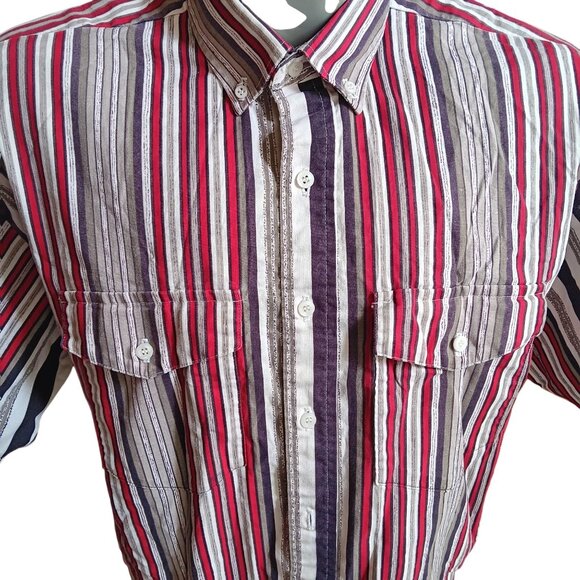 Large Vintage Western Shirt Panhandle Slim Striped Short-Sleeve Red/White/Purple - Picture 1 of 6